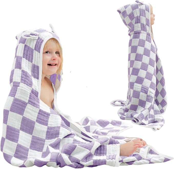Ultra-Soft Muslin Toddler Hooded Towel - 55 x 28 Inches, Ideal for Bath & Beach, Suitable for Both Boys & Girls from Newborns to Toddlers（Lavender Check）