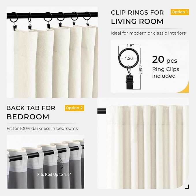 INOVADAY 100% Blackout Curtains for Bedroom, Black Out Curtains 63 Inch Long, Clip Rings Linen Blackout Drapes, Thermal Insulated Room Darkening for Living Room, 2 Panels - Lightcream,W50xL63