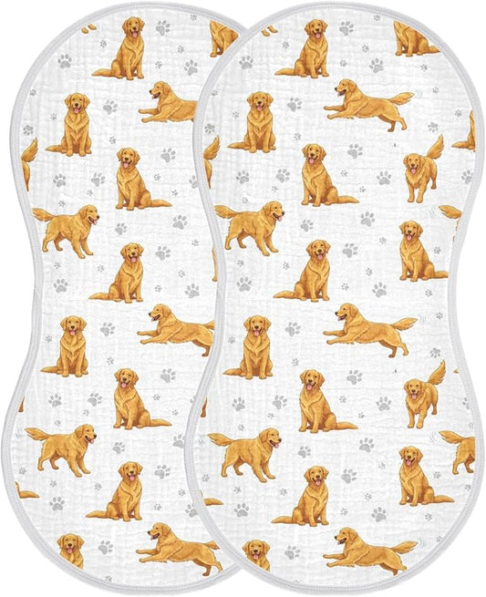 Qinllo 2 Pack Muslin Burp Cloths Golden Dogs Paw Prints White Cotton Baby Burp Cloths Ultra Absorbent and Soft Thick Burping Cloth for Newborn Baby Boys Girls 22x11 Inch