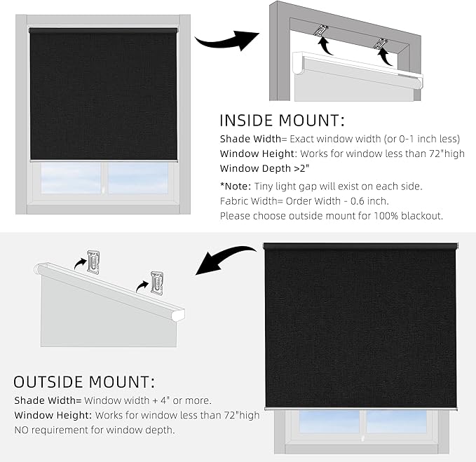 ChrisDowa Cordless Blackout Roller Shade with Spring System Room Darkening UV Protection Jacquard Fabric Blackout Blinds for Indoor Window Shades Pull Down for Home and Office, Black, 25" W x 72" H