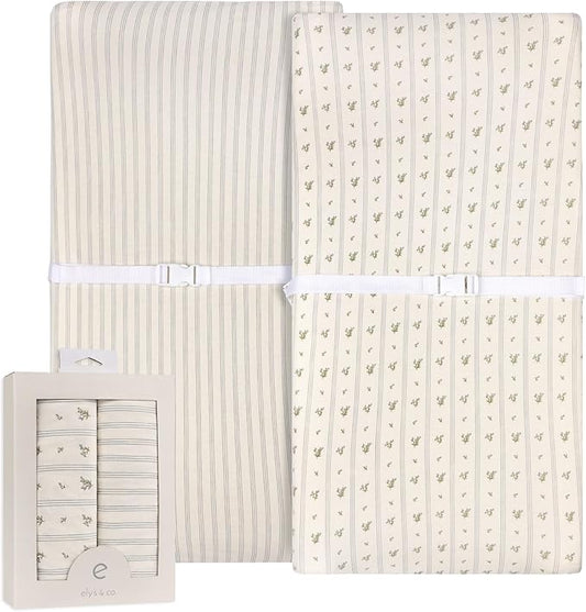 Ely’s & Co. Changing Pad Cover | Cradle Sheets, 2 Pack Diaper Changing Table Sheets for Baby Boys, 100% Jersey Knit Cotton, 32”x16”x5” Blue Linear Berry Leaf Collection