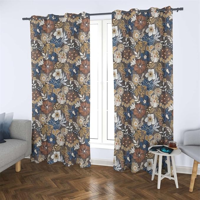 Renaiss Bohemian Floral Blackout Curtains, Blue Brown White Flower Thermal Insulated Bedroom Window Curtains, Boho Style Patterned Window Drapes for Living Room, 96" L x 42" W 2 Panel Set