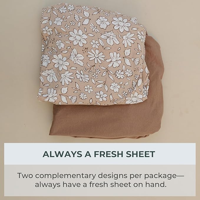 Pobibaby – 2 Pack Pack N Play Sheets and Mini Crib Sheets Fitted, Premium Ultra-Soft Jersey Knit Baby Sheets – Stylish Floral Pattern, Safe and Snug for Standard Playards and Mini Cribs (Meadow)