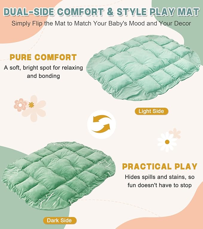 5-in-1 Baby Play Gym and Tummy Time Mat, Tummy Time Pillow & 12 Learning Cards, Plush Activity Mat with 6 Toys, Baby Gym, Convertible to Ball Pit, Baby Gift, Sage Green