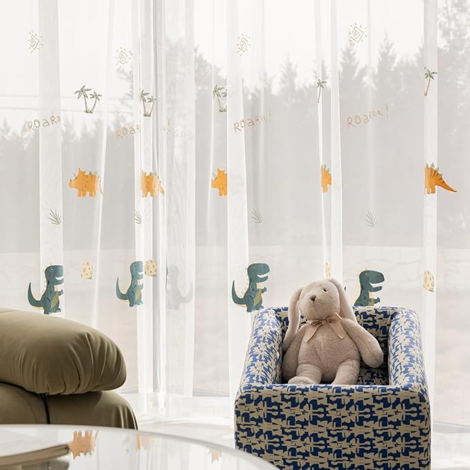 KMSG Cartoon Dinosaur Sheer Kids Curtains Embroidery Voile Drapes Nursery Curtains for Children Boys Baby Bedroom Living Room Light Filtering Window Tratement Grommet Top 1 Panel W52 x L63 Inch