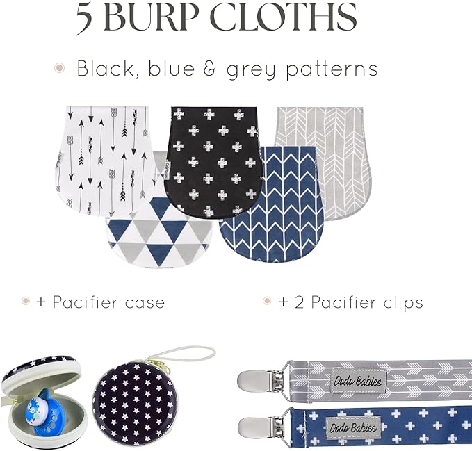 Dodo Babies Cotton Burp Cloths - Absorbent Cotton Baby Essentials - Contoured Shoulder for Baby Boy Essentials - Pacifier Clip & Case Included - 8-Piece Set, 19 x 9 in, Black/Blue/Gray