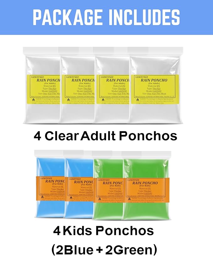 Rain Ponchos for Adults, Kids & Family - 4, 8, 9 & 16 Pack Options - Extra Thick, Tear-Resistant with Hood