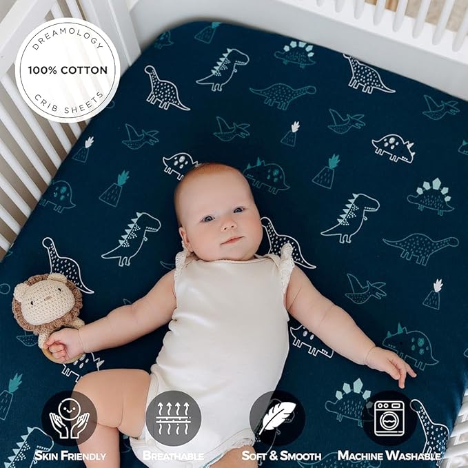 Dreamology Mini Crib Sheets, Pack and Play Sheets Fitted, 100% Cotton Mini Crib Sheets Fitted, Boy, Girl, Pack n Play Sheet, Crib Mattress Sheets, 24x38 Crib Sheets | Dino, Denim Blue