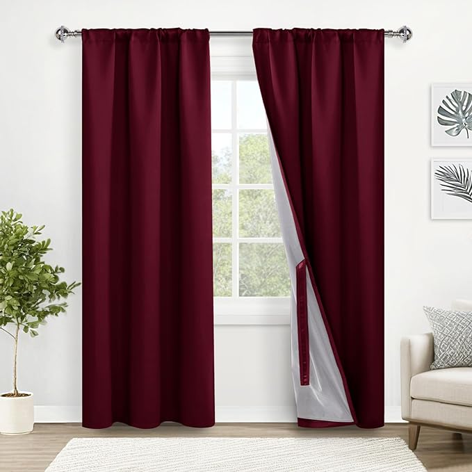 XWZO 100% Blackout Curtains with Tiebacks- 2 Thick Layers Completely Shaded Window Treatment, Rod Pocket & Back Tab Thermal Insulated Lined Drapes for Bedroom/Patio Door, Burgundy, W42 x L84, Set of 2