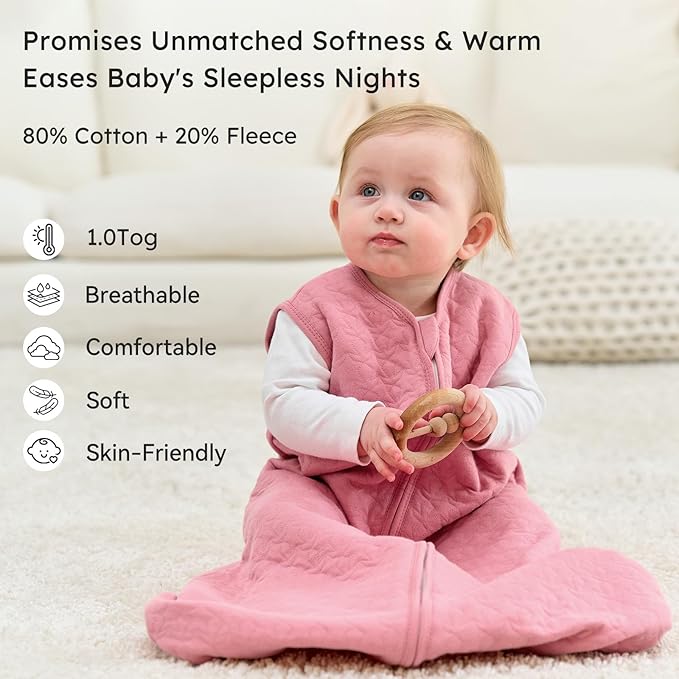 Unnivoll Baby Sleep Sack 12-18 Months 1.0 Tog Baby Wearable Blanket Cotton Sleeping Sack Quilted Baby Sleep Bag with 2-Way Zipper for Toddler Infant Pink