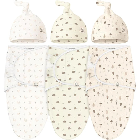 KeaBabies 3-Pack Swaddles for Newborns, Girls, Boys with Hats - Organic Soft Baby Sleep Sacks, Breathable Baby Swaddle 3-6 Months Beanies Set, Premie Infant Sleep Sack 0-3 Months (Nibbles/Bruce)