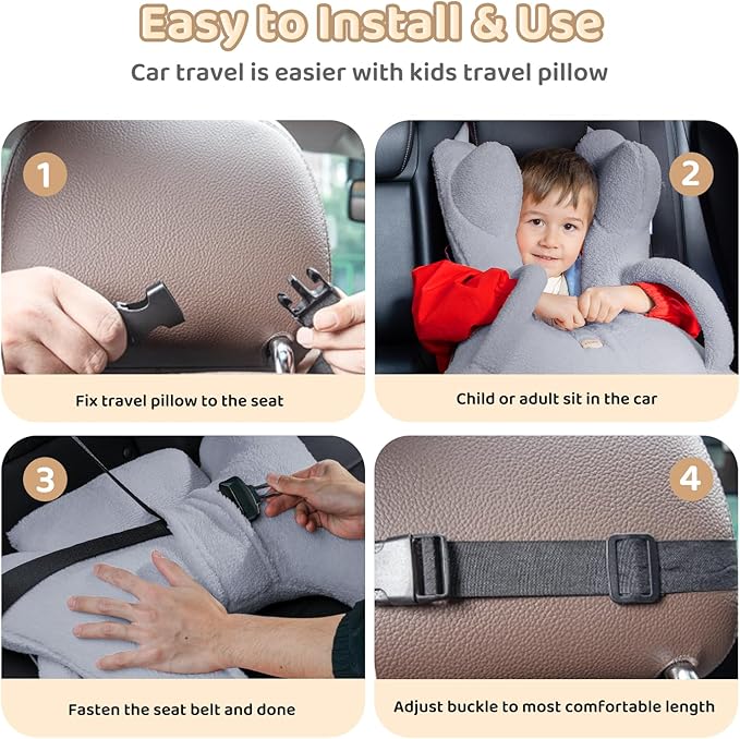 FLORICH Kids Travel Pillow, Car Sleeping Travel Pillow for Kids, Removable H-Shaped Pillow for Adults and Children to Support Head and Body Road Trips with Neck Pillow and Blanket (Grey)