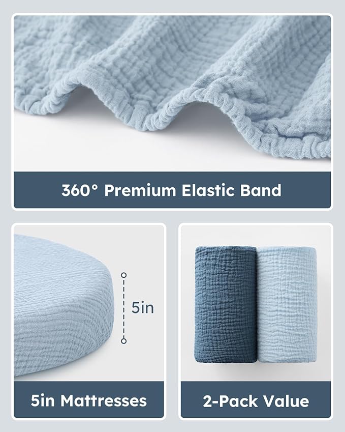 Muslin Bassinet Sheets Boy Girl, 100% Cotton Fitted Bassinet Sheet Set 2 Pack Bassinet Mattress Sheets Universal Fit for Rectangle, Round, Oval, Hourglass Mattress, Soft Breathable