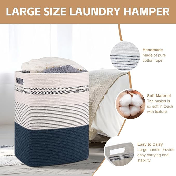 Laundry Basket, Large Woven Rope Tall Laundry Basket with Handles, Decorative Storage Basket for Clothes and Blankets in Living room, Bedroom