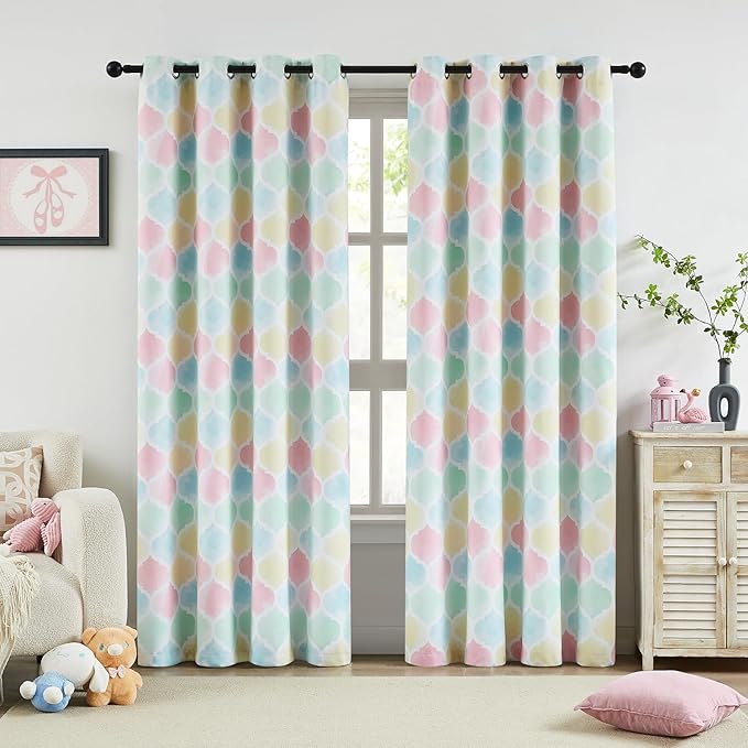 Full Blackout Curtains 95 Inches Long 2 Panels Multi-Color Moroccan Geo Lattice Drapes Room Darkening Thermal Insulated Grommet Window Treatments Sets for Nursery Girl Baby Bedroom, 52" W