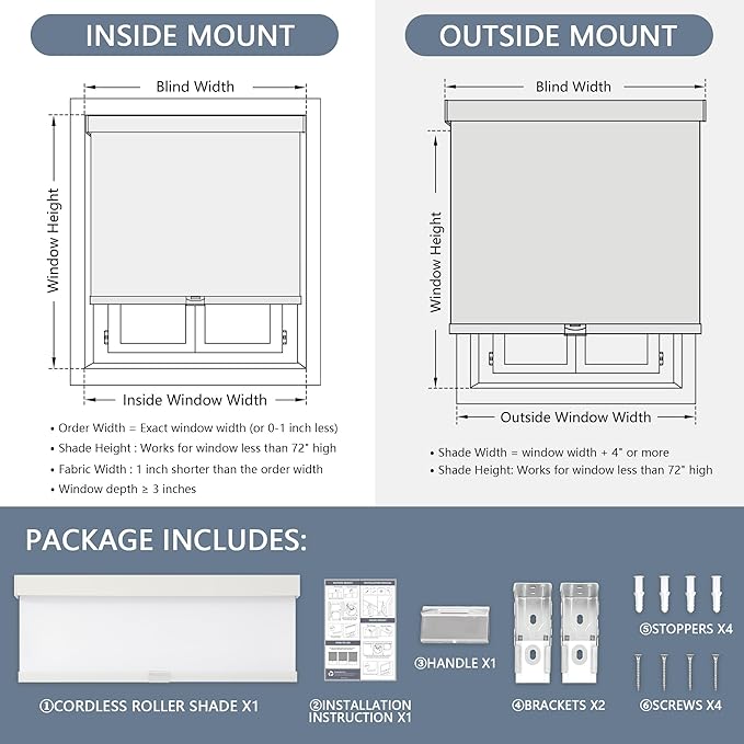 AOSKY Blackout Roller Shades Cordless Blinds for Windows, Free-Stop Shades with Valance, Thermal Insulated Fabric, UV Protection, Natural Woven Blinds for Home and Office (26" W x 72" H, White)