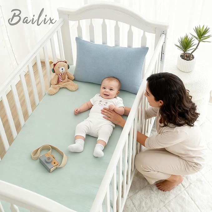 Heavyweight Muslin Baby Crib Sheets - 2PCS 52"x28" Neutral Fitted Crib Sheets for Boys Girls, Breathable Soft 100% Organic Cotton Standard Baby Mattress Sheet (Blue, Light Green)