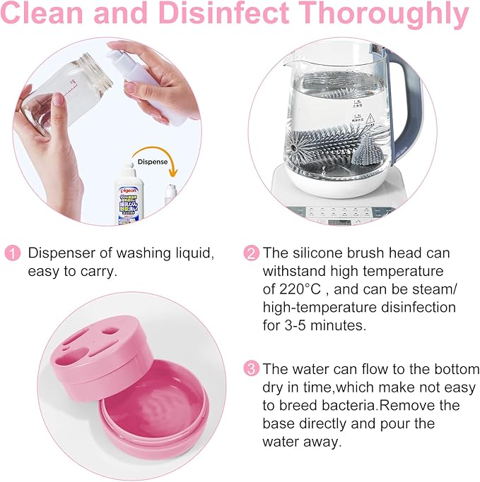 WHNL Travel Baby Bottle Brush Set with Extendable Silicone Bottle Brush，Nipple Brush,Staw Brush,Baby Bottle Soap Dispenser,Gift for Newborn Mothers, Suitable for Travel and Home(Peach Pink)