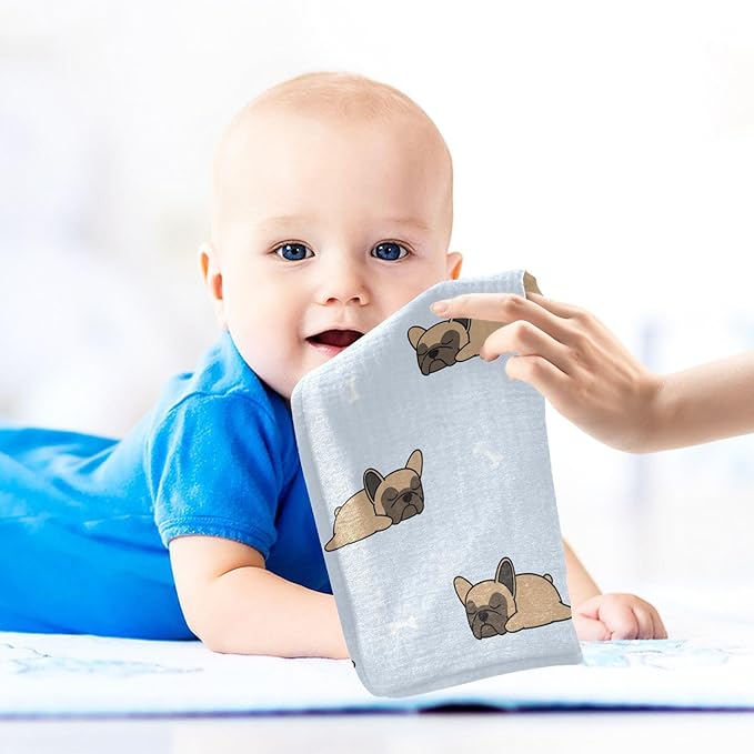 vvfelixl Baby Muslin Washcloths Cute French Bulldog Sleeping Baby Burp Cloths Cotton Baby Face Towel for Newborn Infants Boys Girls Soft and Absorbent 11.8 X 11.8 in, 3 Pack