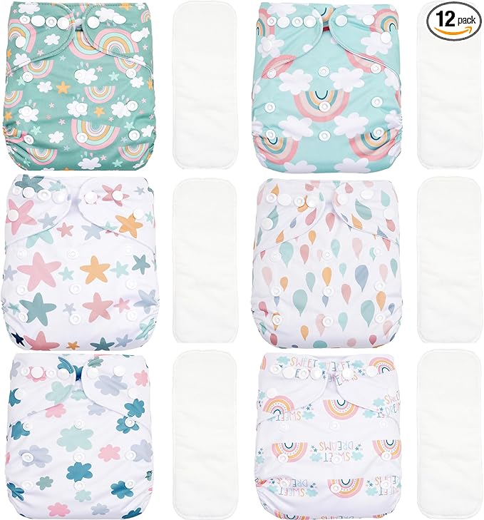 CoolaPeach 12 Set Reusable Adjustable Cloth Diapers for Newborn to 0-3 Years,One Size Washable Pocket Nappy Covers for Baby Girl and Boy,6 Pack Cloth Diapers+6pcs Microfiber Inserts(Green 2)