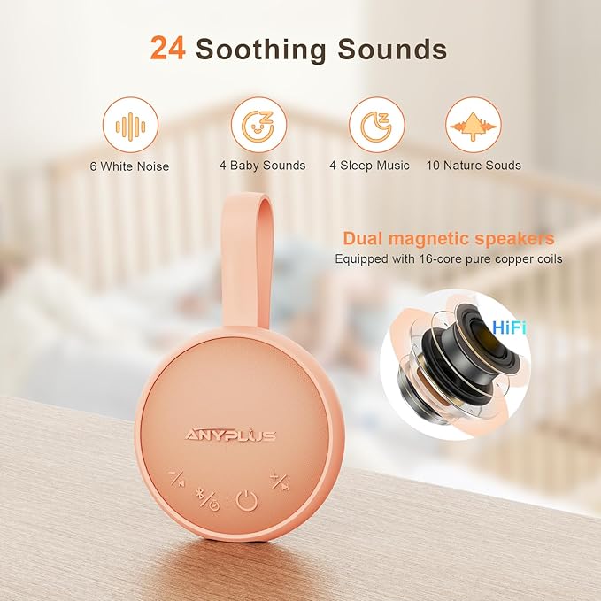 White Noise Sound Machine, Portable Sound Machine for Sleeping Adults & Baby, with Bluetooth 5.1/24 Soothing Sounds/Battery Powered/3 Timer Memory Function for Office/Bedroom/Travel (Orange