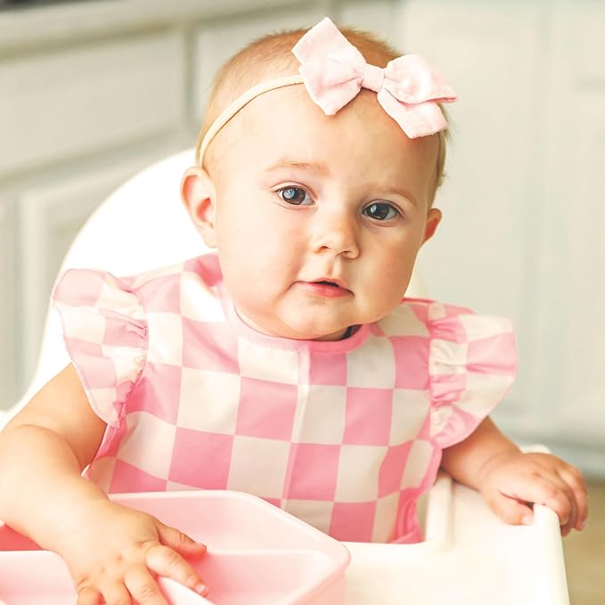 Tiny Twinkle Mess-Proof Baby Bibs for Eating | Waterproof, Wipeable Toddler Bibs with Catch-All Pocket | Feeding Bibs for Girls & Boys(3 Pack,Checkers Girl)