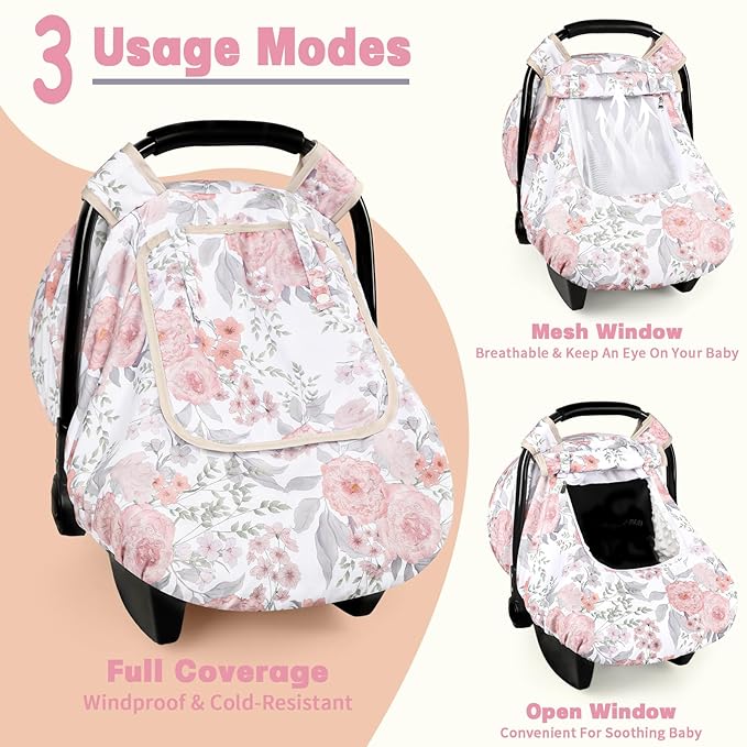 Car Seat Cover Baby, HNHUAMING Infant Car Seat Covers Canopy for Baby Girl Boy, Cozy & Windproof Newborn Carseat Covers Mink Dot Backing Stroller Cover with Breathable Mesh Window, Pink Floral