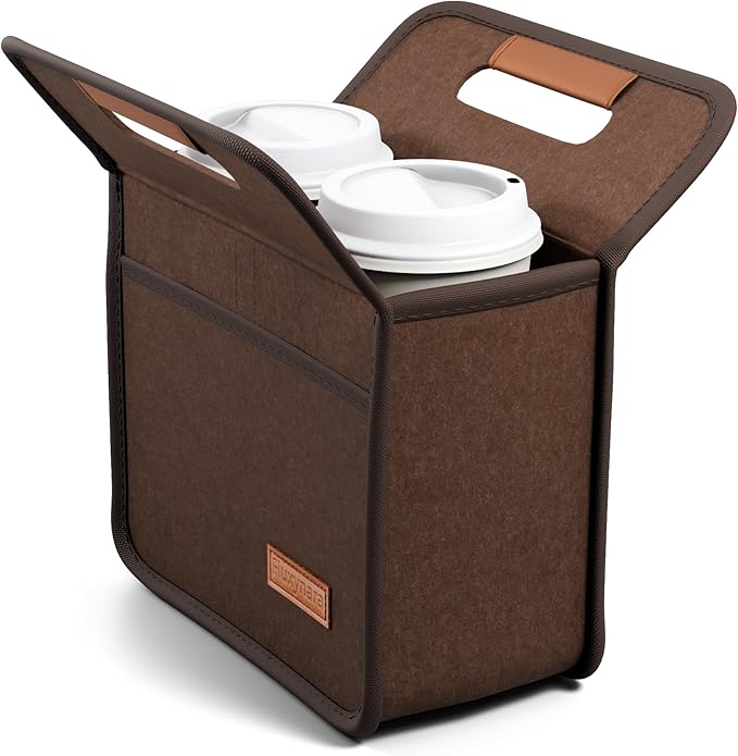 Fluxynara 2-Cup Reusable Felt Drink Carrier with Handle and Adjustable Shoulder Strap, Drink Holder for Car, Multi-Cup Drink Carrier Bag for Delivery, Travel, Picnics (Coffee Brown)