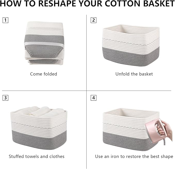 4 Pack Storage Baskets for Organizing, 13"X9"X7.87", Decorative Cotton Rope Baskets for Shelves, Small Woven Basket for Toys, Books and Towels, Grey & White