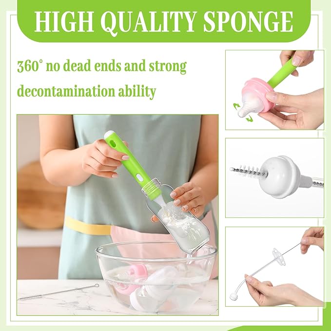 Willinglong 22 Pcs Sponge Bottle Nipple Brushes Set Including 12 Pcs Bottle Sponge Brush Heads 6 Interchangeable Nipple Brush Handles and 4 Long Straw Brushes for Baby Bottles