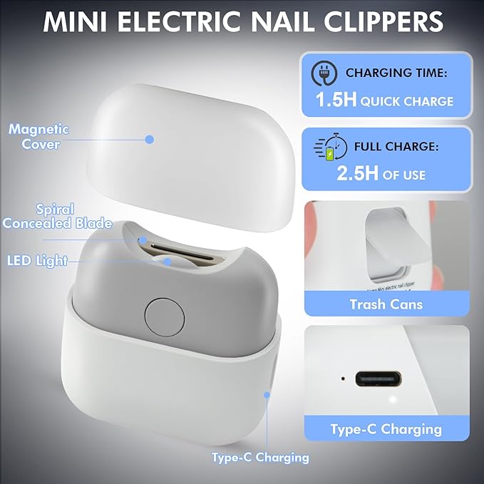 Electric Nail Clipper with Light, Automatic Nail Clipper Rechargeable with 2 Speeds and Nail Chip Storage for Babies, Children, Adults, Caregivers and Seniors