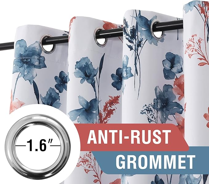 H.VERSAILTEX 100% Blackout Curtains 108 inch Length 2 Panels Set Cattleya Floral Printed Drapes Leah Floral Thermal Curtains for Bedroom with Black Liner Sound Proof Curtains, Stone Blue and Coral