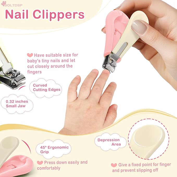 5-in-1 Baby Nail Kit with Storage Case, Cactus Theme Design Including Baby Nail Clippers, Nail Scissors, Nail File, Tweezers & Nose Picker, Newborn Essentials Must Haves for Baby Shower(Pink)