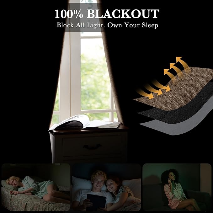 RYB HOME Coffee Linen 100% Blackout Curtains for Bedroom 52 Width 120 inch Long, Thich Luxury Extra Long Drapes for Modern/Vintage/Farmhouse Home Decor, Thermal Insulated Window Treatment, 2 Panels