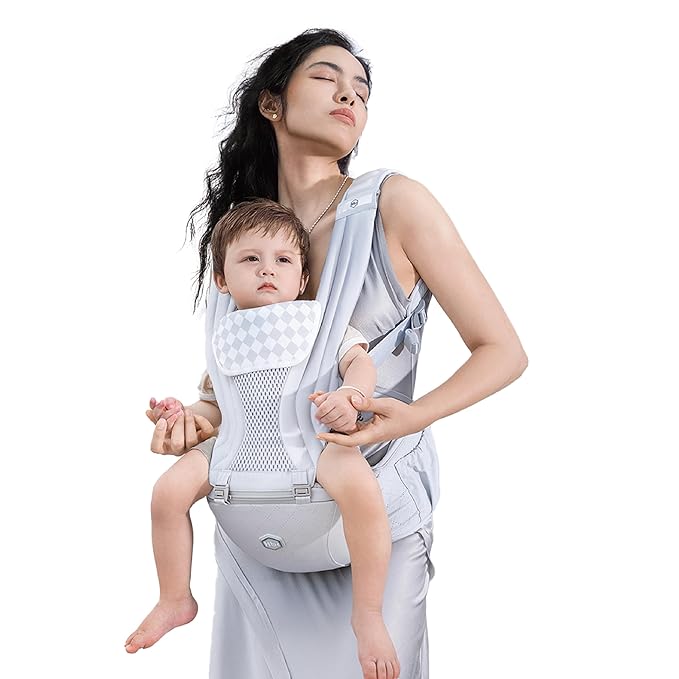 HBR Baby Carrier with Hip Seat, 2-in-1 Ergonomic Front Facing Toddler Carrier, Breathable Mesh, Air-Padded Shoulder Straps & Reflective Back Support, Fits Waists up to 47 Inches, Silve Mist White