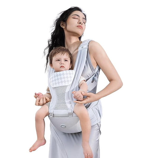 HBR Baby Carrier with Hip Seat, 2-in-1 Ergonomic Front Facing Toddler Carrier, Breathable Mesh, Air-Padded Shoulder Straps & Reflective Back Support, Fits Waists up to 47 Inches, Silve Mist White