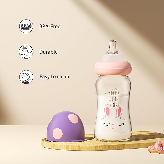 YOHKOH Natural Glass Baby Bottle with Level 1 Slow Flow Nipple, Newborn Anti-Colic Baby Bottles, Wide Neck Mushroom Baby Glass Bottle ((5.4oz (Pack of 4), Purple)