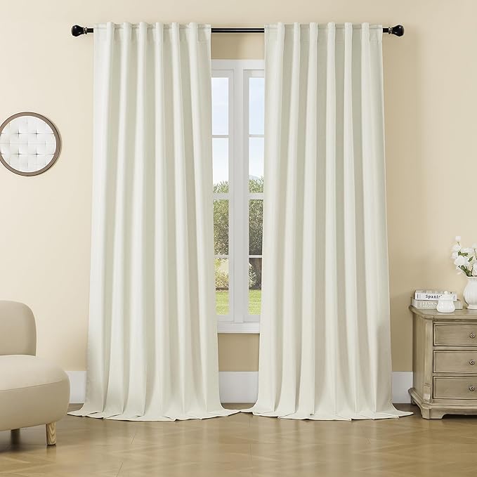 DUALIFE Extra Long 108 Inch Full Blackout Curtains,Faux Linen Textured Back Tab Hook Belt Pleated Tall Drapes for Living Room Dining 2 Panels Set,50 Wide，9 FT,Beige