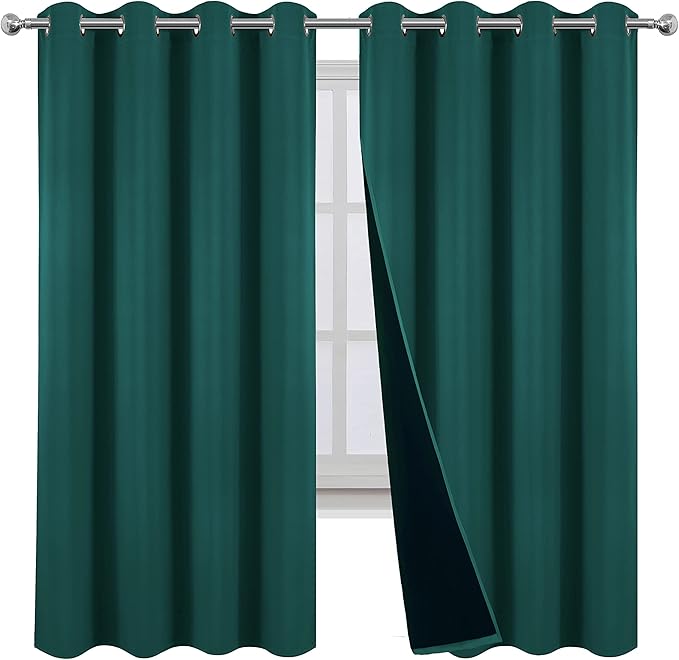 LEMOMO 100% Blackout Curtains 52 x 72 Inch Sea Teal Curtains 2 Panels Darkening Thermal Insulated Bedroom Curtains