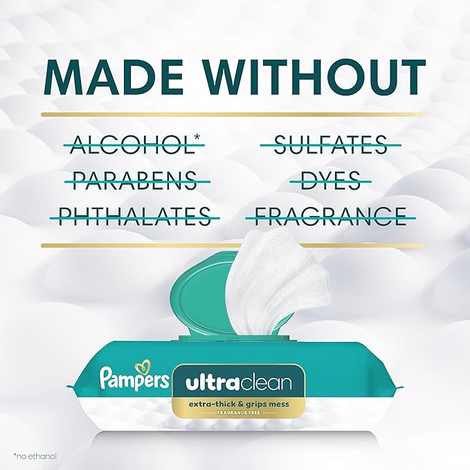 Pampers Ultra Clean Baby Wipes (Previously 'Free & Gentle'), 99% Water, Hypoallergenic, Unscented, 100% Plant Based, Plastic-Free, 624 Baby Wipes Total (8X Flip-Top Packs) [Packaging May Vary]
