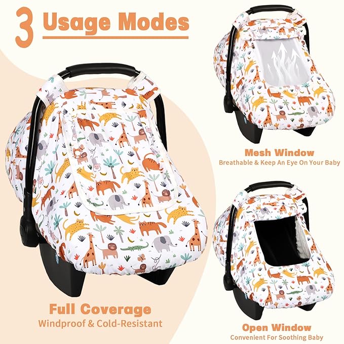 Car Seat Cover Baby, HNHUAMING Infant Car Seat Covers Canopy for Baby Girl Boy, Cozy & Windproof Newborn Carseat Covers Minky Dot Backing Stroller Cover with Breathable Mesh Window, Animals