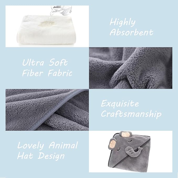 2 Pack Hooded Baby Towels - Premium Ultra Soft Organic Baby Bath Towel – Absorbent and Hypoallergenic Towels for Baby Boy Girl, Toddler, Newborn Essentials (Elephant & Bear)