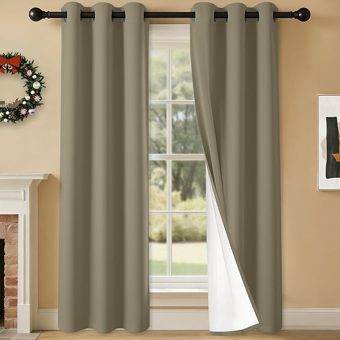 100% Blackout Curtains 84 Inch Length for Bedroom Living Room, Grommet Thermal Insulated Room Darkening Drapes, Light Blocking Window Treatment Decor, 2 Panels, 37x84, Taupe