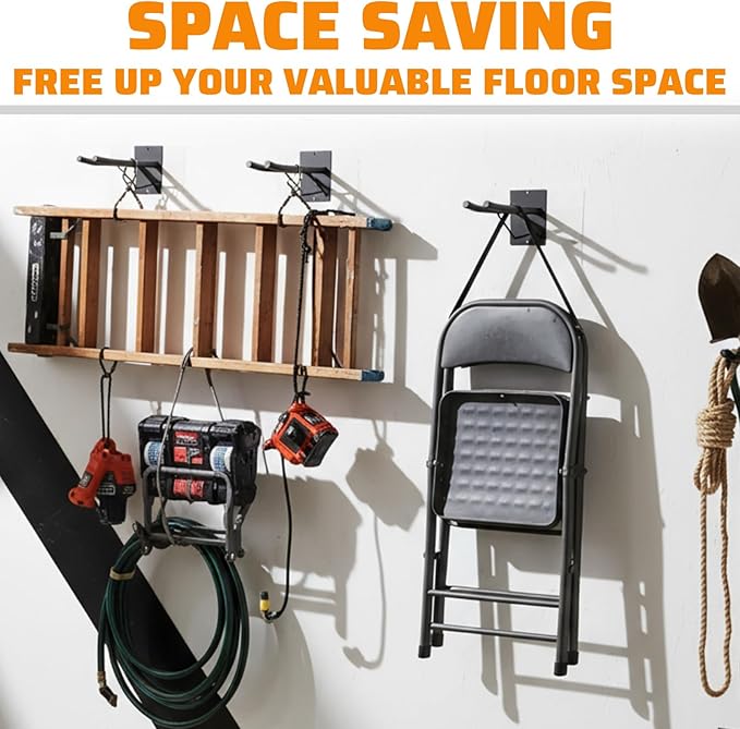 4 Pack Garage Storage Hooks with Support Rods, Heavy Duty Wall Mount Tool Organizer, Chair Hanger Garage Storage Utility Hooks for Car Tires, Ladders, Strollers, Power Tools, Garden Tools