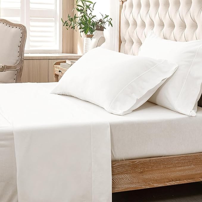 PURE ERA Jersey Knit 4pc Bed Sheet Set 100% T-Shirt Cotton Super Soft Comfy Breathable Fits Mattress Up to 20" Extra Deep Pocket (Solid Bright White, Full)