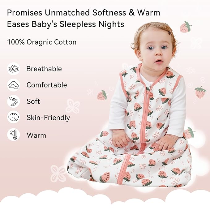Unnivoll Baby Sleep Sack 0-6 Months 0.5 Tog Wearable Blanket Baby, 3 Pack 100% Cotton Lightweight Sleeping Sack with 2-Way Zipper for Newborn Infant Strawberry