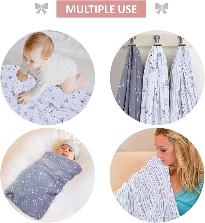Little Grape Land Muslin Swaddle Blankets 47''x47'' 3 Pack, 100% Cotton Large Size Baby Swaddles for Newborn, Soft Breathable Baby Blankets for Newborns, Stars/Grey