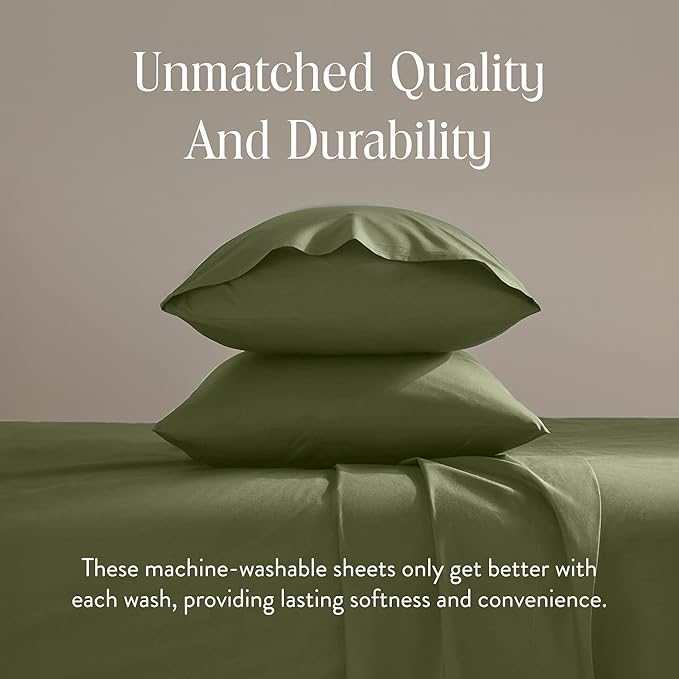Brooklinen Luxury Sateen 4 Piece Sheet Set - 100% Cotton Bed Sheets, Soft & Durable Twin XL Sheet Set in Fresh Moss, Oeko-TEX Certified Bedding Set, 1 Fitted Sheet, 1 Flat Sheet, 2 Pillowcases