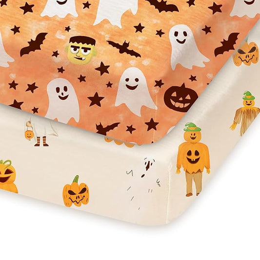 Halloween Pack and Play Sheets Fitted, Mini Crib Sheets 2-Pack for Pack N Play Mattress, Frankenstein, Pumpkin, Ghost