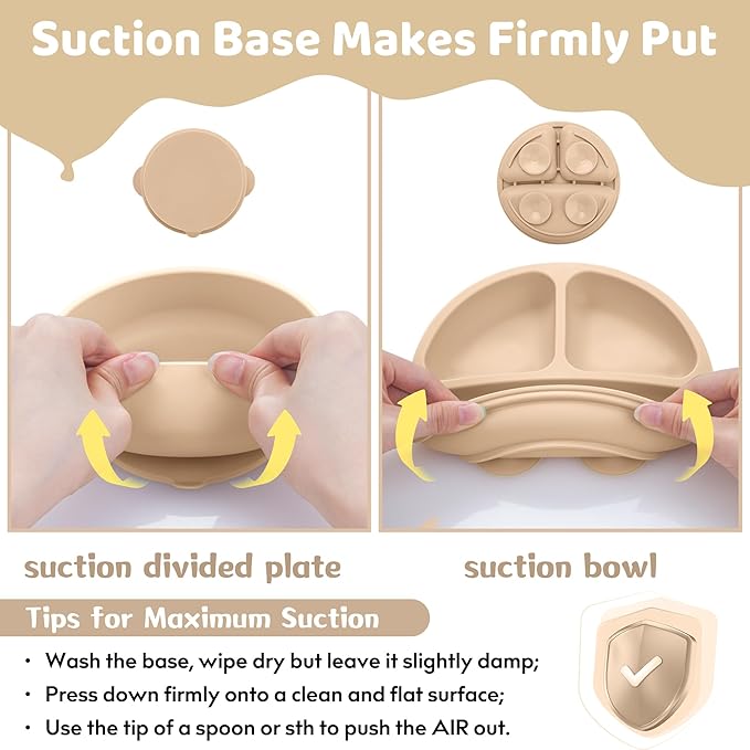 Bufims Silicone Baby Feeding Set, Baby Led Weaning Supplies, Eating Essentials Utensils with Suction Plate and Bowl, Pocket Bib, Sippy Cup with Lid, Forks Spoons Snack Container, for 6+ Months, Beige